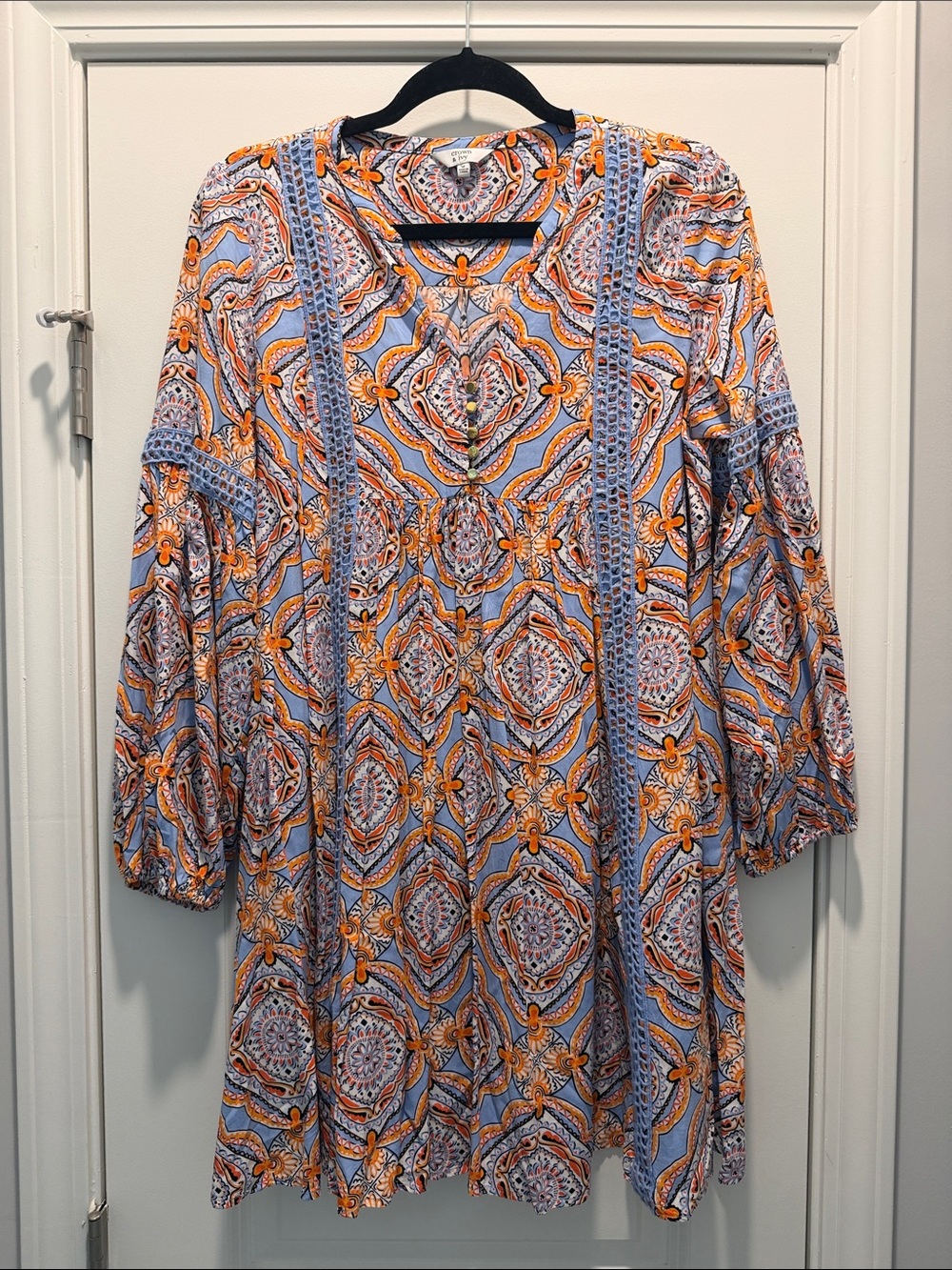 Crown & Ivy Women Medium Paisley Tunic Dress Blue Orange White Shift 3/4 Sleeve